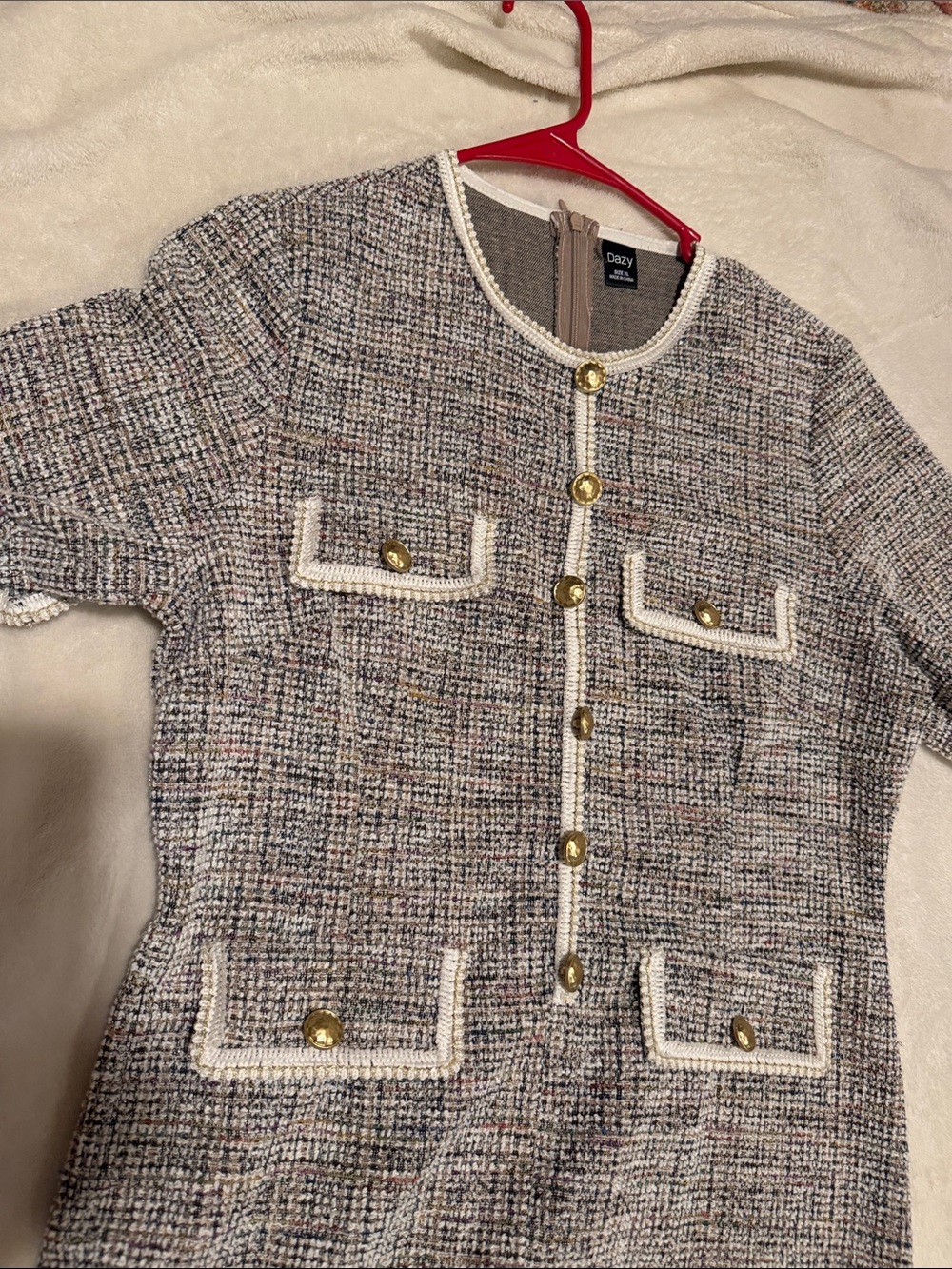 Dazy Old Money Tweed Short-Sleeve Pocket Dress in Multi-Gray - Picture 2 of 7